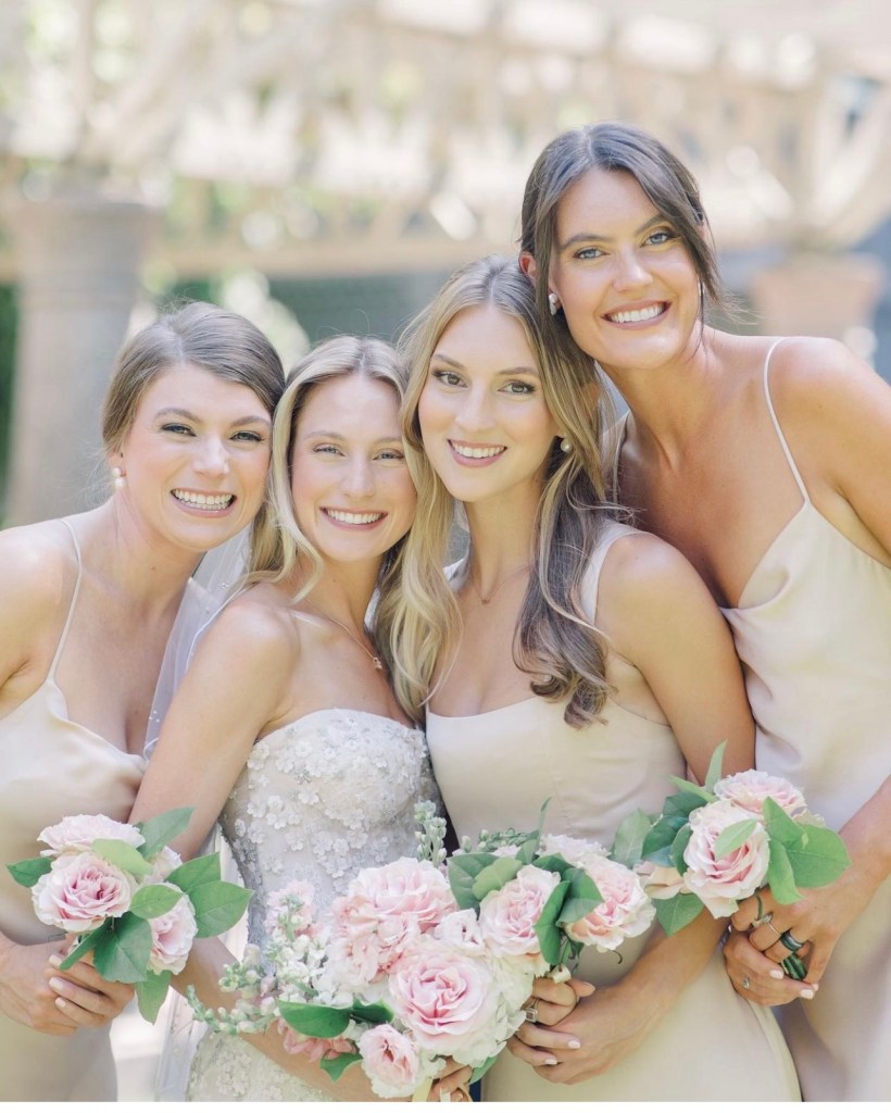 Bride and bridal party wearing soft glam makeup in downtown Boston