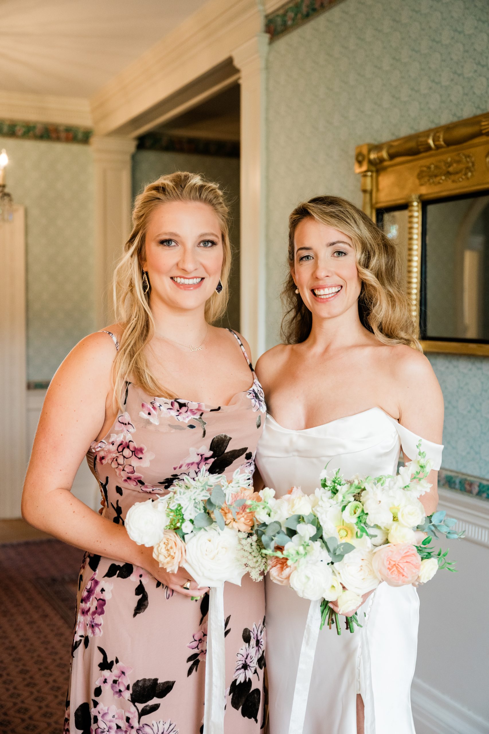 Bride and maid of honor in soft glam makeup near Boston